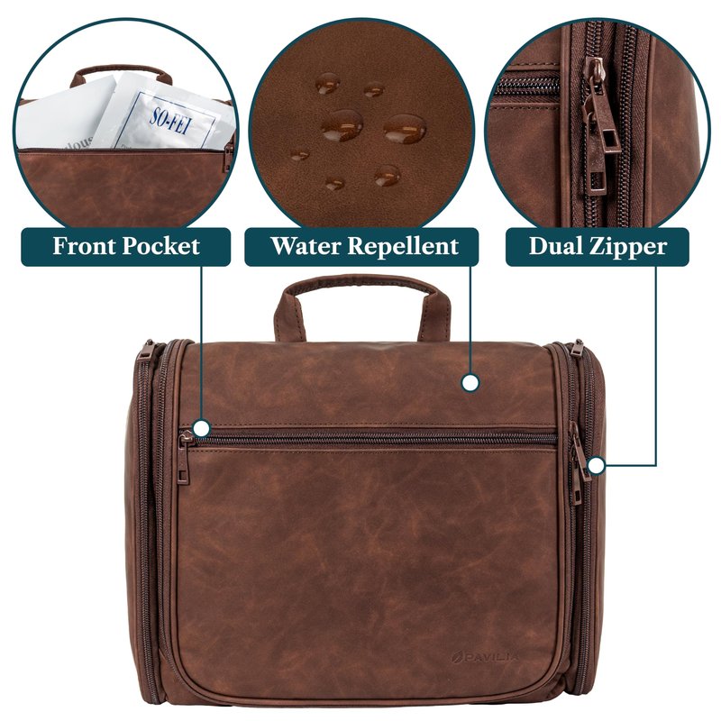 PAVILIA Large Hanging Toiletry Bag Travel Bag Women Men, PU Leather Cosmetic Organizer, Water Resistant Makeup Bag Accessories Toiletries, Travel Essentials Kit, Brown