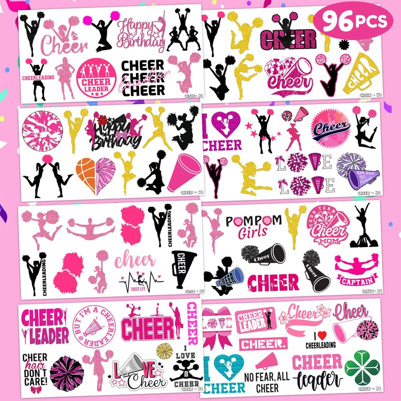 Cheerleading Temporary Tattoos 8 Sheets 82 PCS Cheer Party Decorations Supplies Favors Team Spirit Theme Birthday Cute Stickers Christmas Gifts for Boys Girls Class School Prizes Carnival