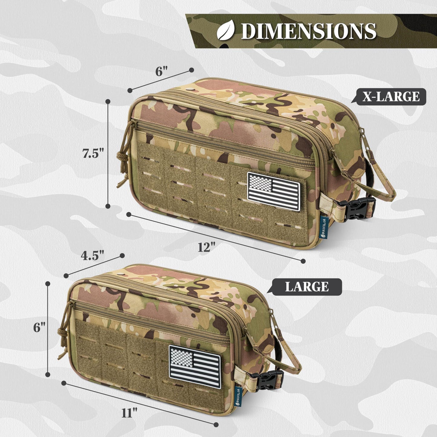 PAVILIA Tactical Toiletry Bag for Men, Water Resistant Molle Military Dopp Kit, Travel Hygiene Organizer with Wet Dry Storage for Shaving, Grooming, Gym and Camping, Camo XL
