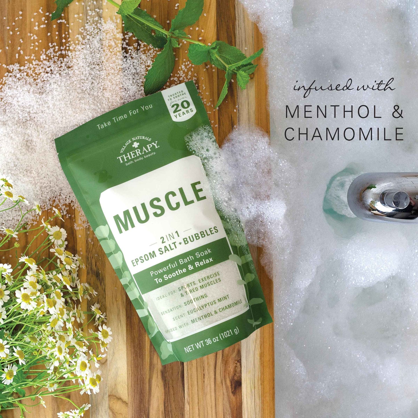 Village Naturals Therapy Muscle Foaming Epsom Soak, Eucalyptus Mint Scent, 36 oz, Pack of 2