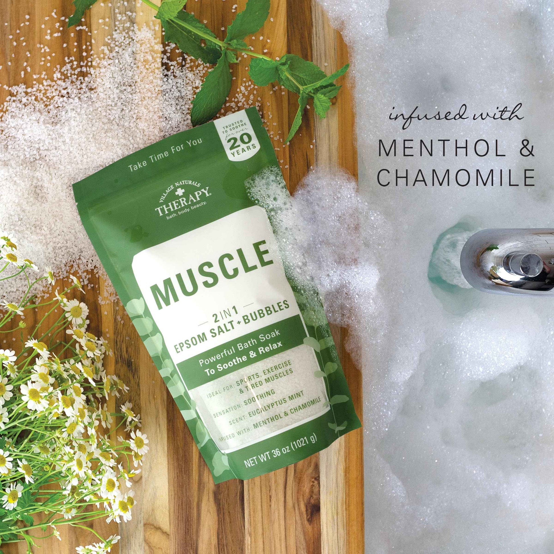 Village Naturals Therapy Muscle Foaming Epsom Soak, Eucalyptus Mint Scent, 36 oz, Pack of 2