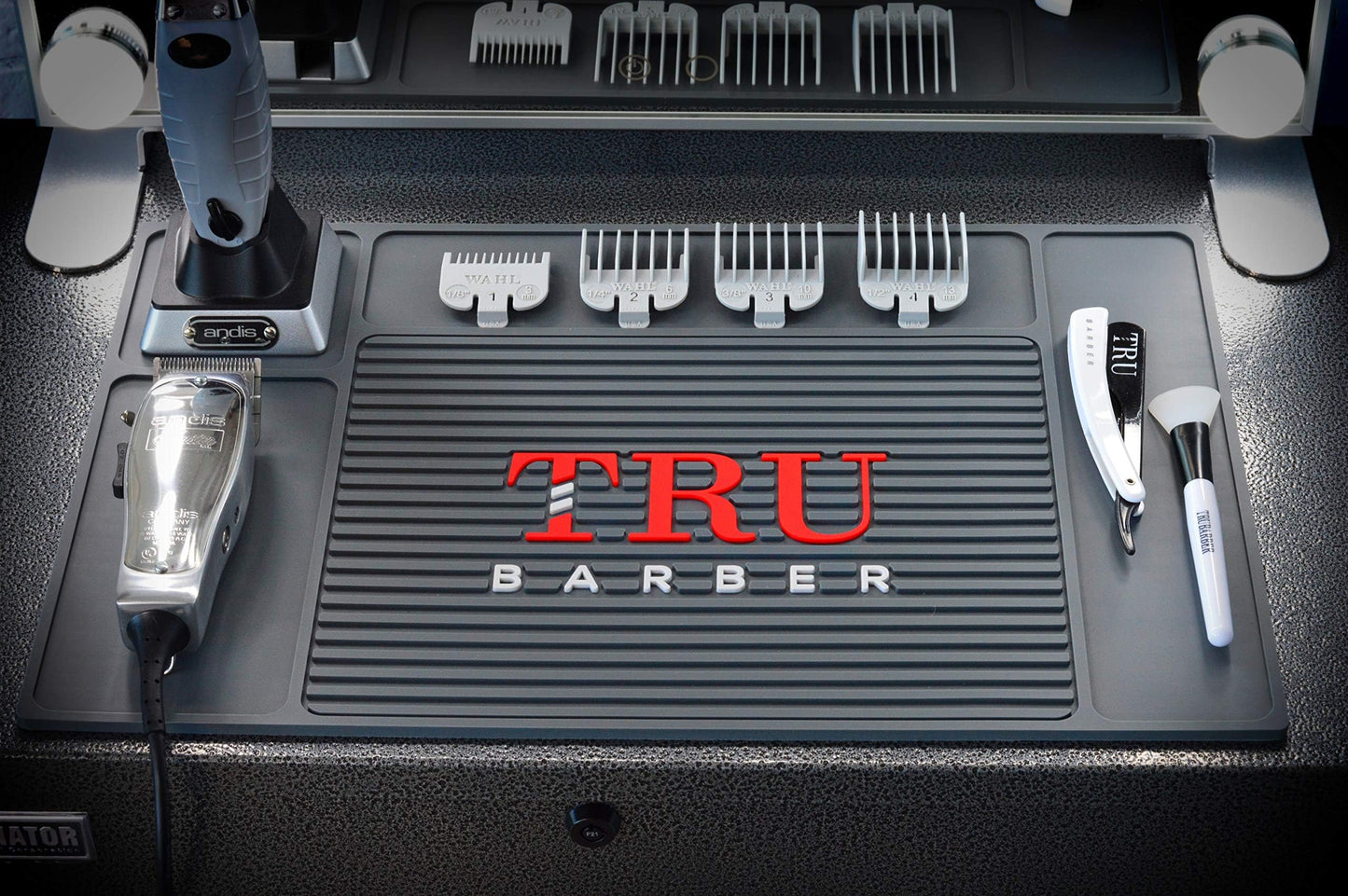 TRU BARBER Organizer Mat 18" X 13" (Charcoal Grey) Flexible PVC Station Mat, Salon Barbershop Work Station Pad, Anti-Slip