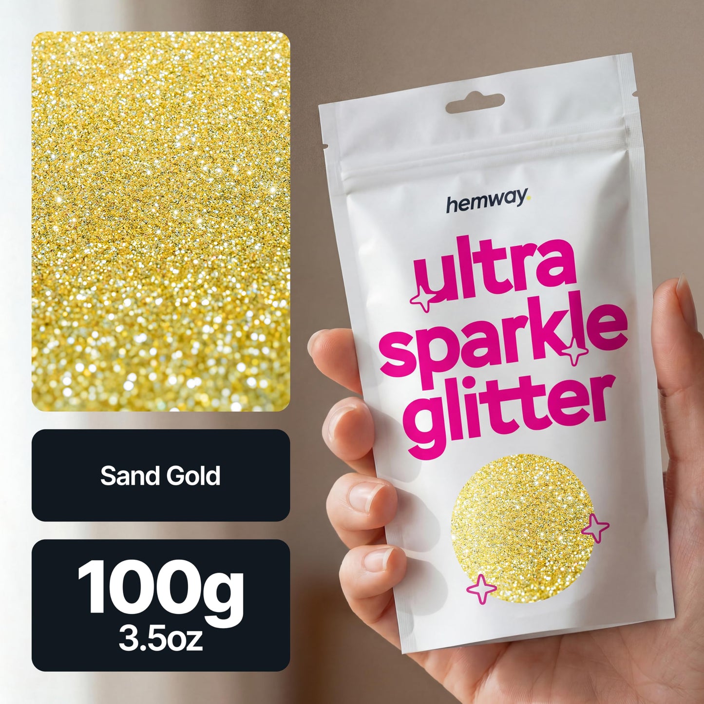 Hemway Premium Ultra Sparkle Glitter Multi Purpose Metallic Flake for Nail Art, Cosmetic Graded, Makeup, Festival, Party, Hair, Body and Eyes 100g / 3.5oz - Sand Gold