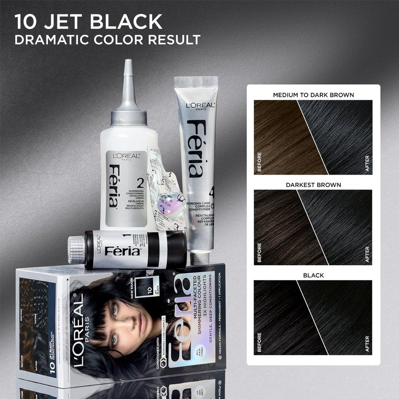 L’Oreal Paris Feria Multi-Faceted Shimmering Permanent Hair Color, High Intensity Hair Dye for 3X Highlights, 10 Jet Black (Blackest Black), 1 Hair Dye Kit