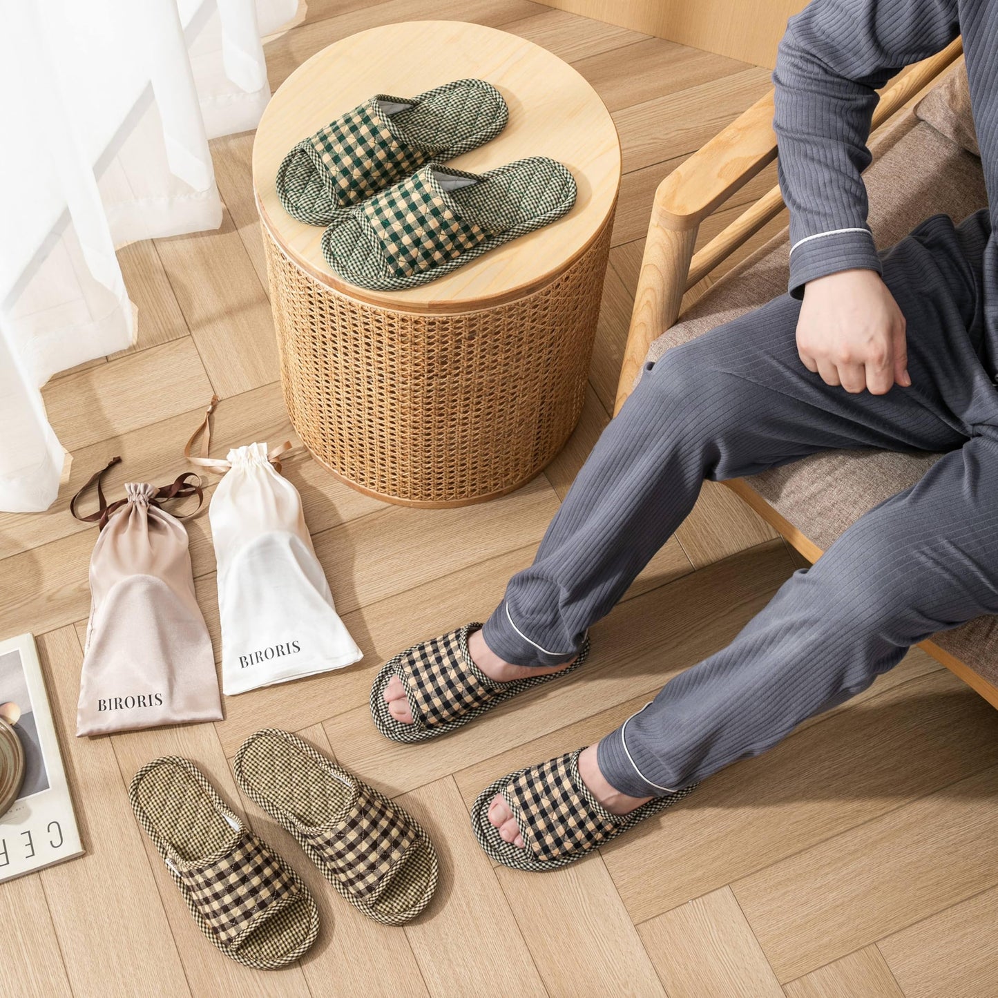 biroris 3 Pairs Plaid House Slippers for Men, Open Toe Indoor Slippers Comfortable Washable Portable Foldable Guest Travel Hotel Airplane Spa Slippers