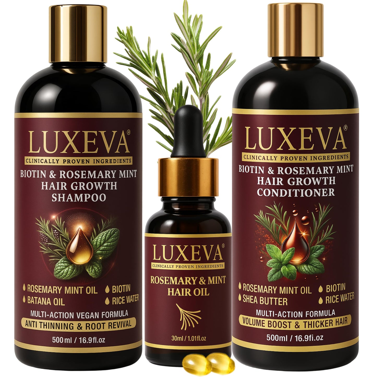 LUXEVA 3 in 1 Biotin & Rosemary Mint Shampoo & Conditioner Set For Women | Professional Botanical Hair Growth Shampoo and Conditioner For Thinning Hair, Scalp Health & Natural Volume | 16oz Each
