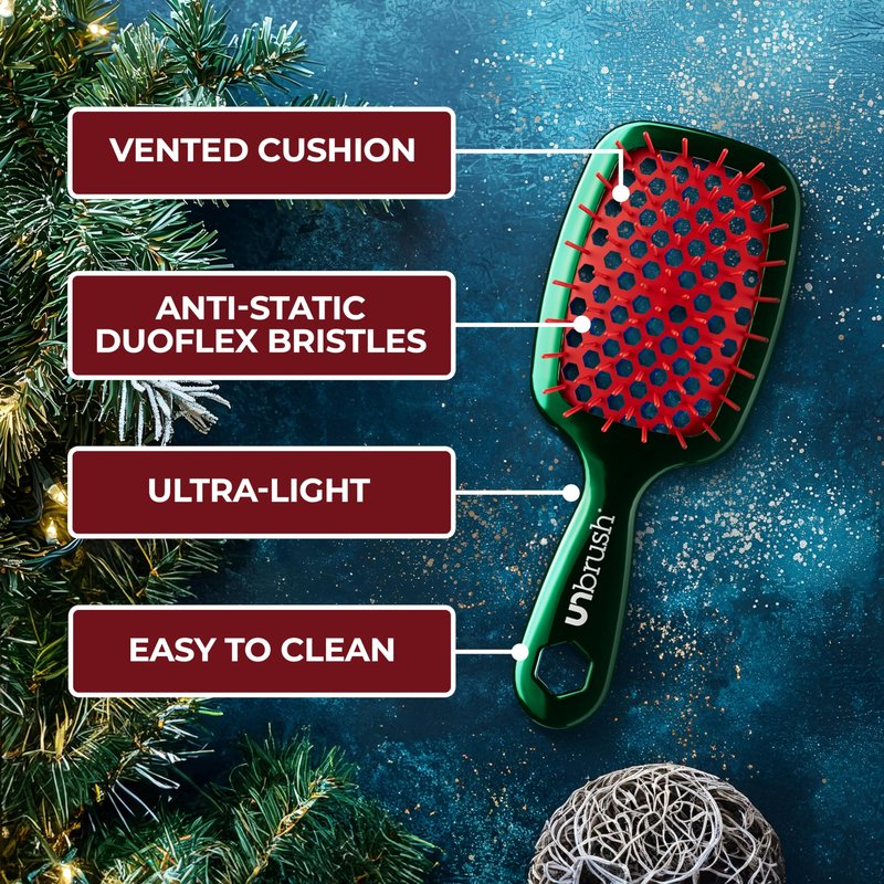 UNbrush Mini Holiday Hair Brush for Pain-Free Brushing On All Wet/Dry Hair Types — Mini UNbrush Detangling Brush with Durable Anti-Static Bristles, Lightweight & Vented — Christmas Hair Care Gifts