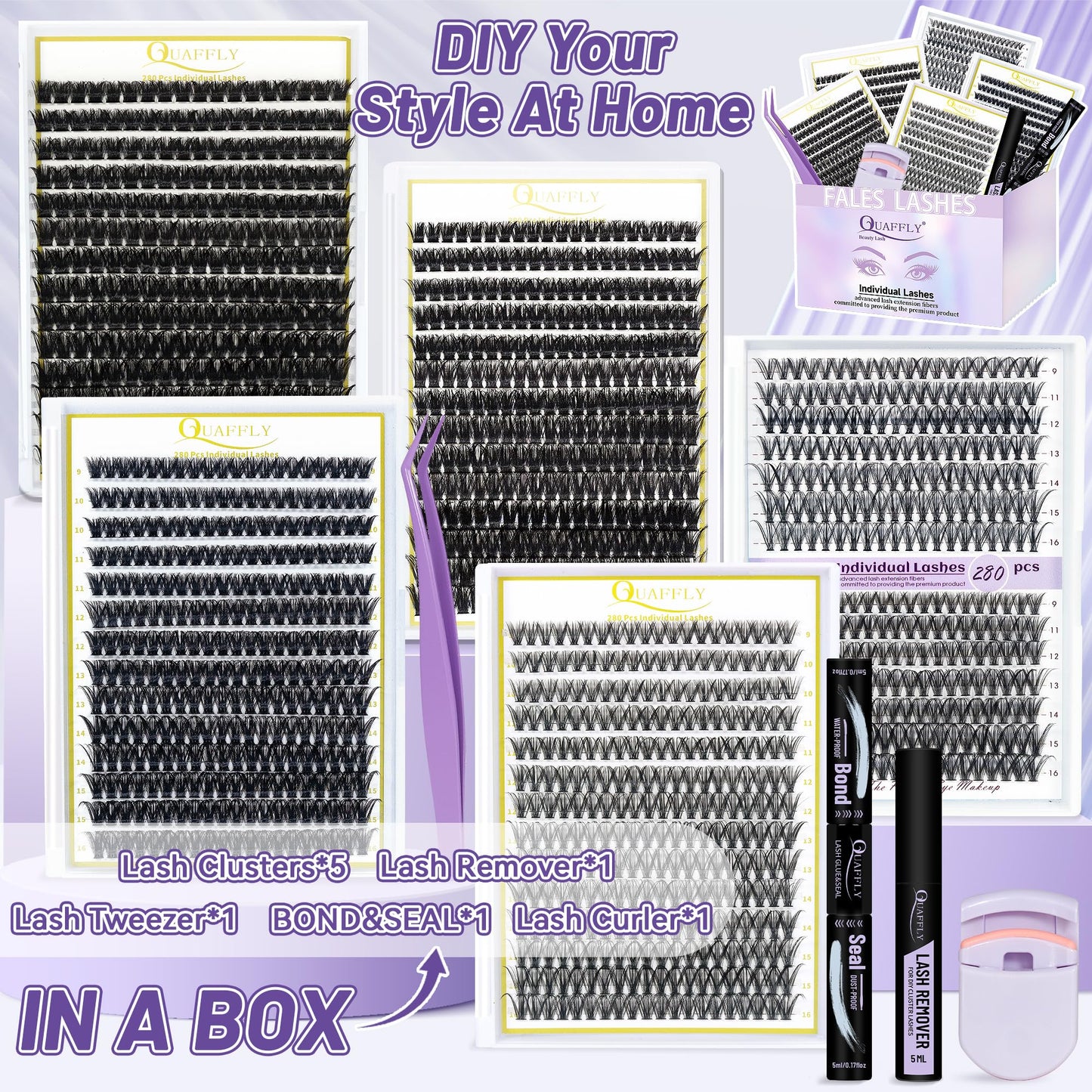 QUAFFLY 5-Pack False Eyelashes Kit with Lash Glue & Seal, Remover, Tweezers, Curler | Professional Lash Extension Set for Natural/Dramatic Look, Reusable, Salon & Home Use