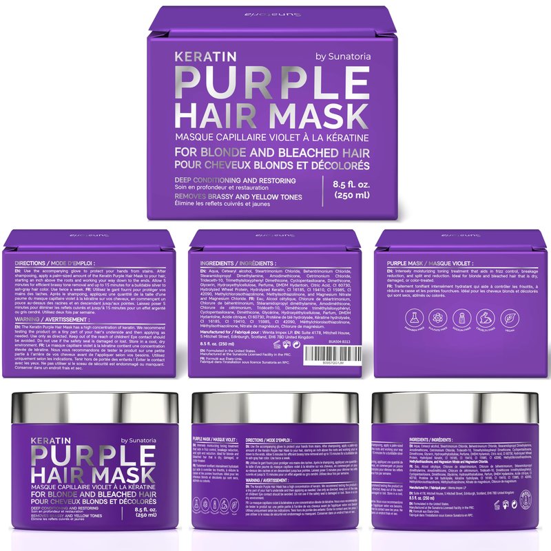 SUNATORIA Purple Hair Mask for Blonde & Bleached Hair, 2-in-1 Keratin Toning Conditioner for Brass Control, Helps Reduce Yellow Tones While Softening Dry Color-Treated Strands | 8.5 Fl Oz