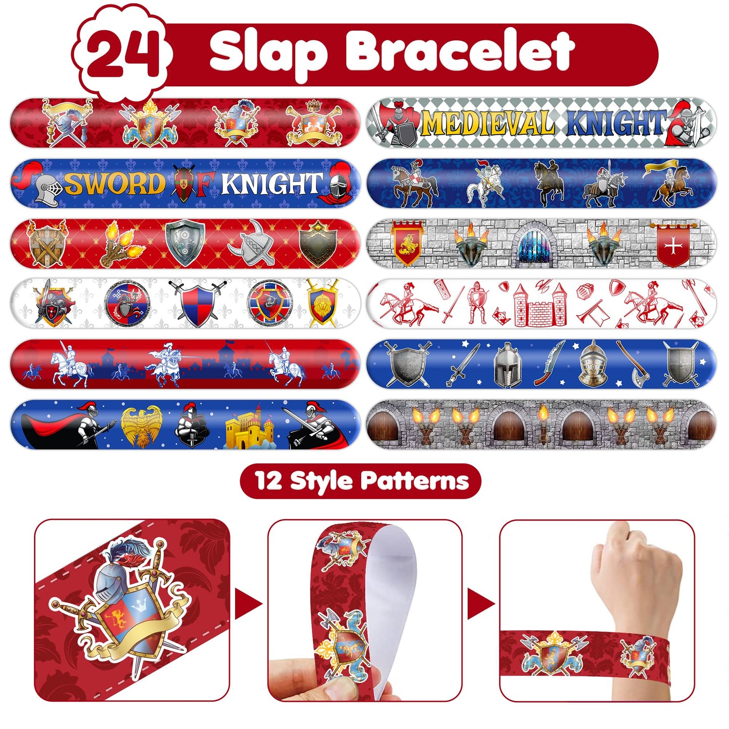 72PCS Medieval Knight Party Set - 48PCS Temporary Tattoos & 24PCS Slap Bracelets - Fun Castle-Themed Birthday Supplies, Baby Shower Gifts, Classroom Rewards & Party Decor for Kids