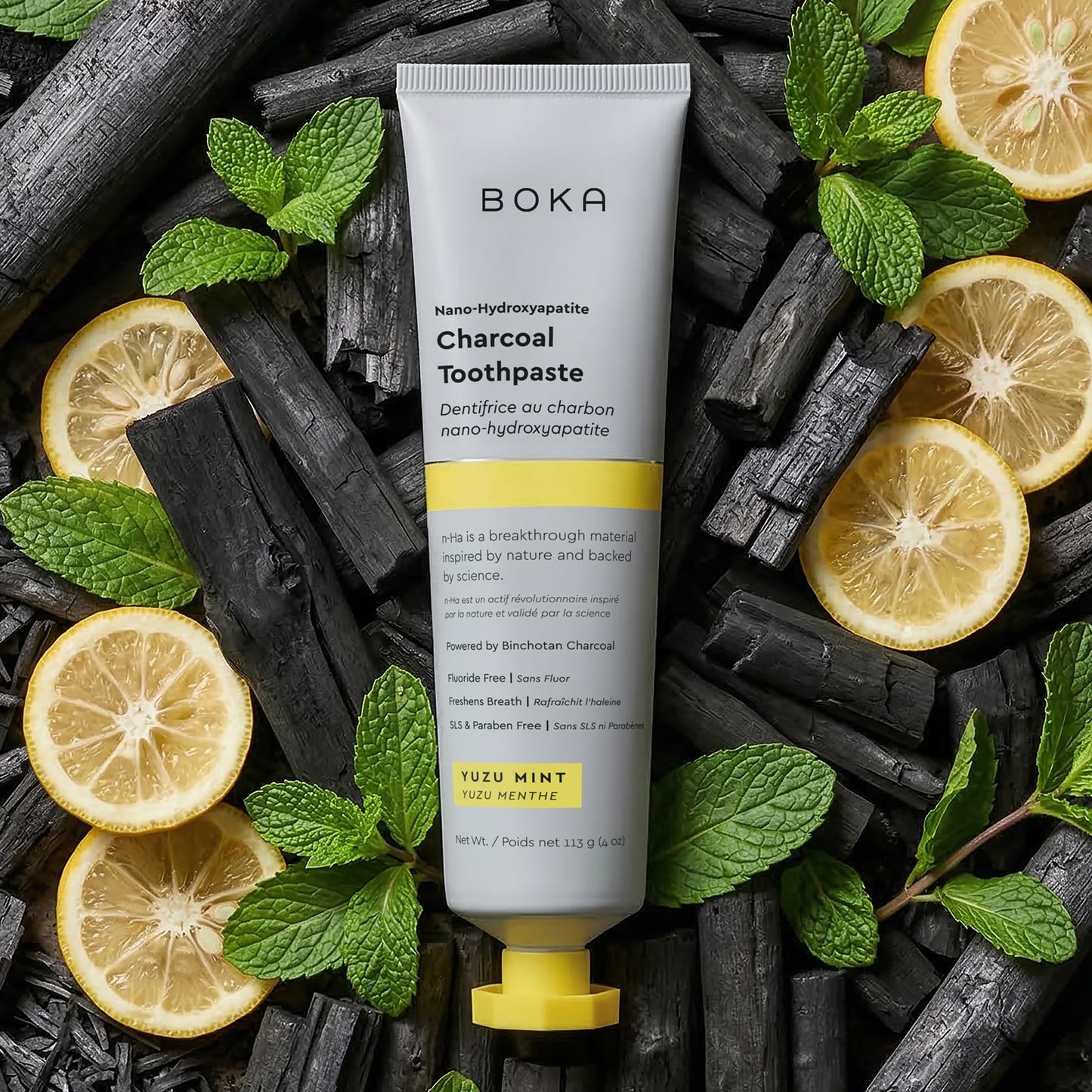 Boka Fluoride Free Toothpaste, Nano Hydroxyapatite Toothpaste, Appropriate for Sensitive Teeth - for Adult Oral Care - Charcoal Yuzu Mint Flavor, 4 Fl Oz 1Pk