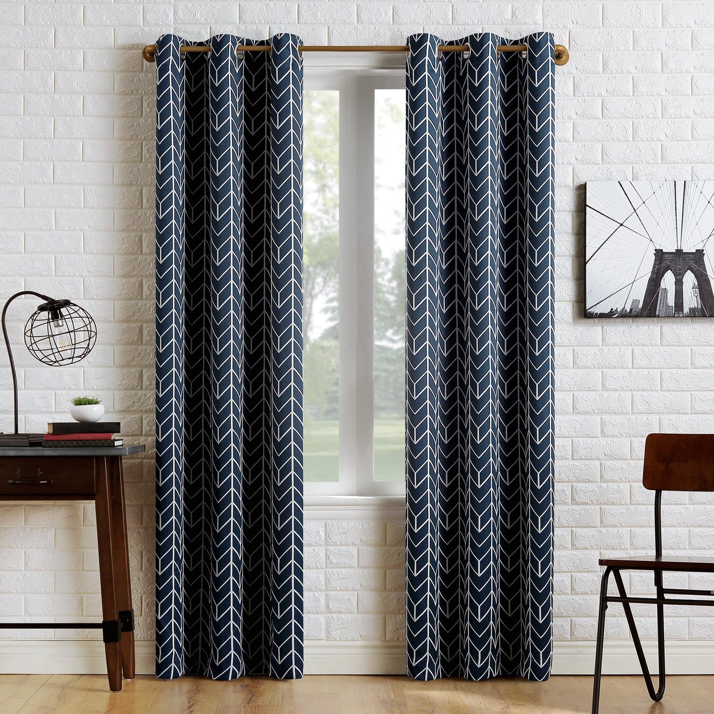 Sun Zero Kenwood Chevron Blackout Grommet Curtain Panel, 40" x 95", Navy Blue