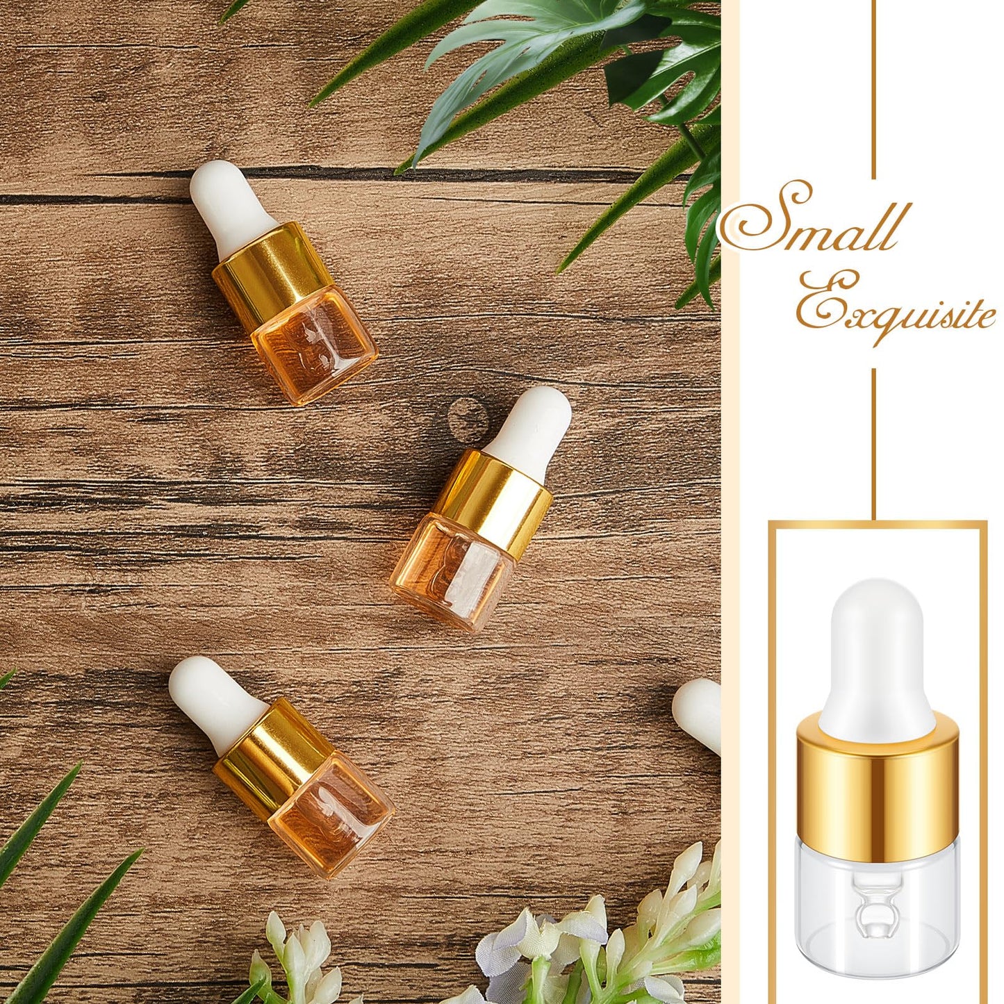 Didaey 200 Pcs 1/2/3/5/10/15 ml Mini Glass Oil Dropper Bottle Bulk, Clear Essential Small Empty Bottles Sample Containers Perfume Liquid Vials with Cap for Traveling (1 ml,Champagne Gold)