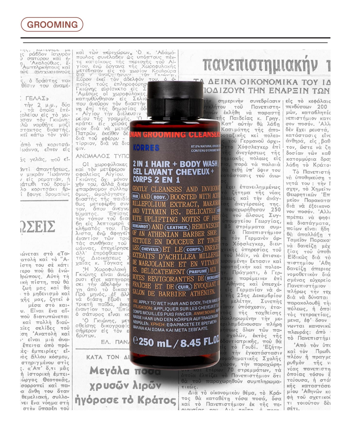 KORRES Athenian Grooming 2-in-1 Men’s Shampoo & Shower Gel, Moisturising & Detangling Formula, Achillea Millefolium & Marjoram Extracts, Bergamot & Leather Scent, Silicone & Paraben Free, 8.45 Fl Oz