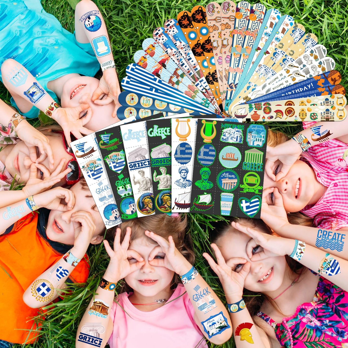 96 PCS Greek Mythology Party Favors Set – 72 Pre-Cut Temporary Tattoos & 24 Slap Bracelets, Perfect for Cultural Festivals & Travel-Inspired Celebrations