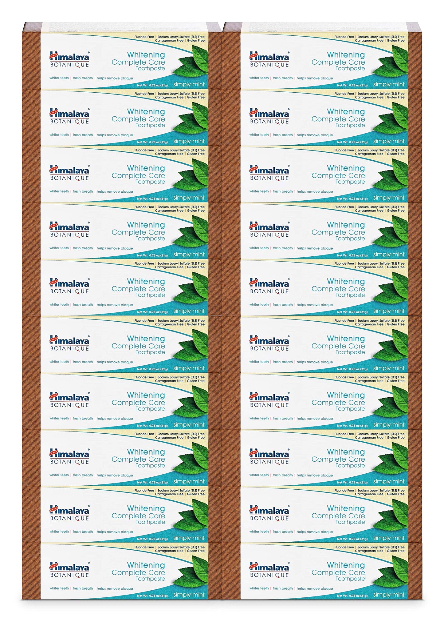 Himalaya Botanique Whitening Complete Care Toothpaste, 20 Pack Travel Size, Teeth Whitening, Fights Plaque, Fluoride Free, No Artificial Flavors, SLS Free, Simply Mint Flavor, TSA Approved, 0.74 Oz