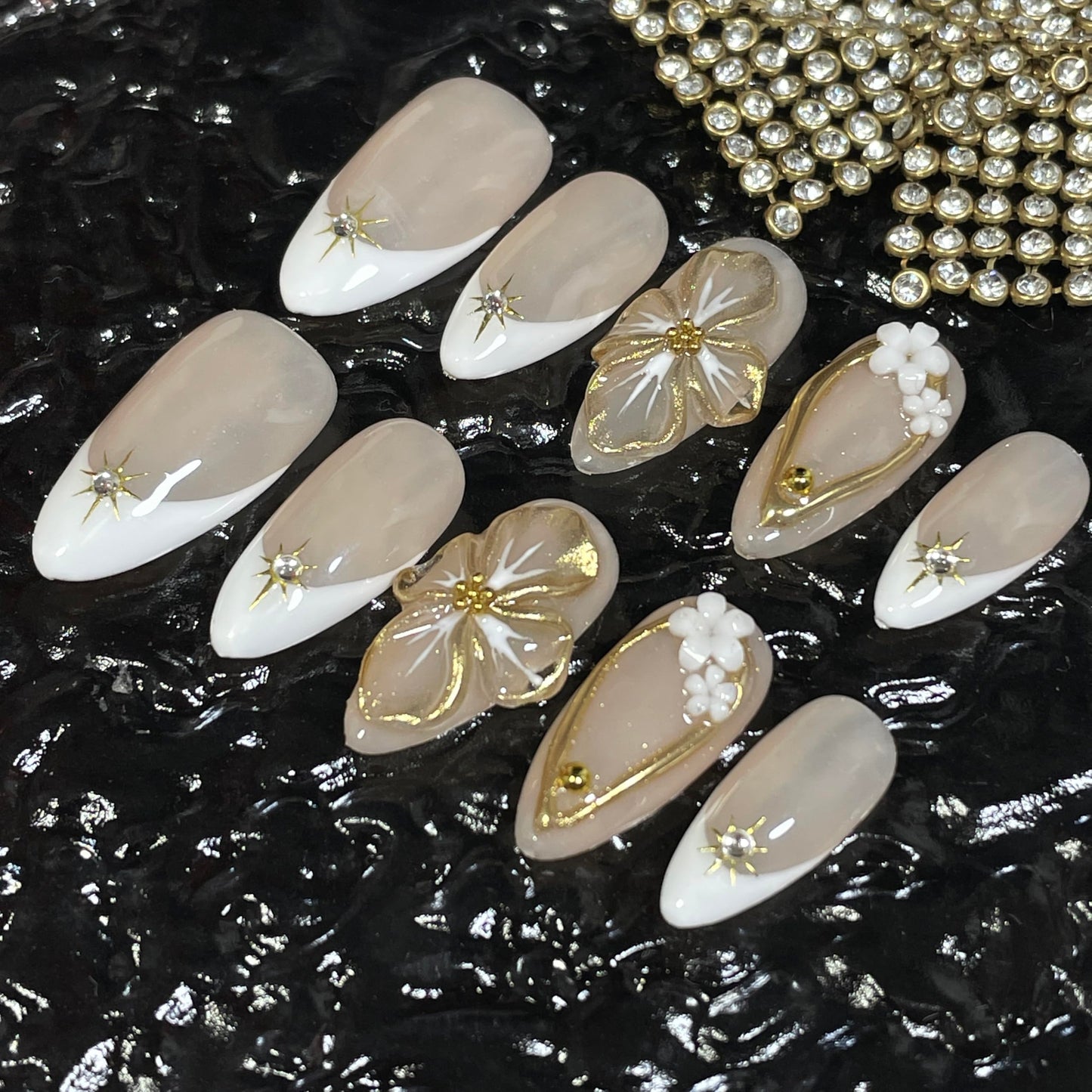 Handmade Press On Nails Medium Almond Shape White French 3D Floral & Star Design with Gold Accents | Elegant Fake Nails Reusable Acrylic Nail Tips with Crystals & Soft Beige Base (Elegant White, S)