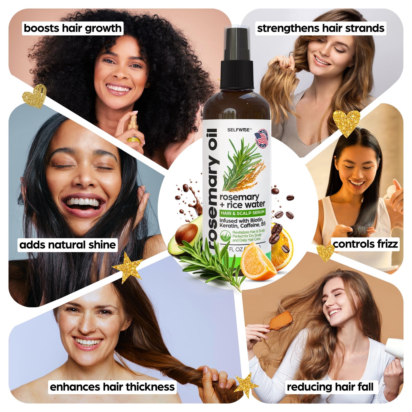 Rosemary Oil and Rice Water Hair Growth Spray - Serum with Biotin, Keratin, Caffeine, Vitamins C & B5 for Hair Mask, Hair Care, Scalp Treatment, Thickening Dry Damaged Hair for Women & Men 12oz