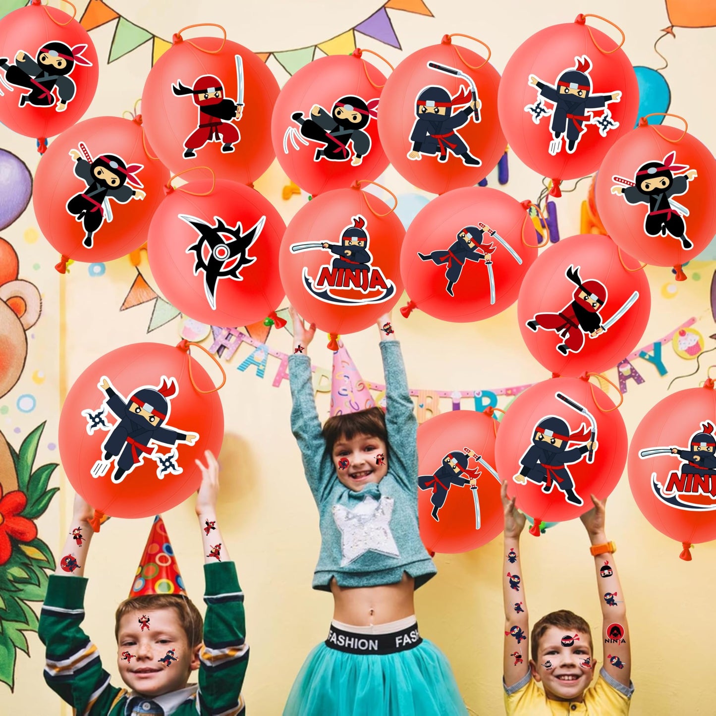72 PCS Ninja Party Favors – 48 Pre-Cut Temporary Tattoos & 24 Ninja Punch Balloons Themed Birthday Party Decorations Supplies Favors Gifts, Goodie Bag Fillers, Classroom Rewards