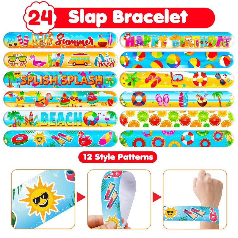 Cherisnowy 48PCS Beach Party Favors – 24PCS Temporary Pre - cut Tattoos & 24PCS Slap Bracelets – Summer & Ocean-Themed Birthday Supplies, Baby Shower Gifts, Classroom Rewards & Party Decor for Kids