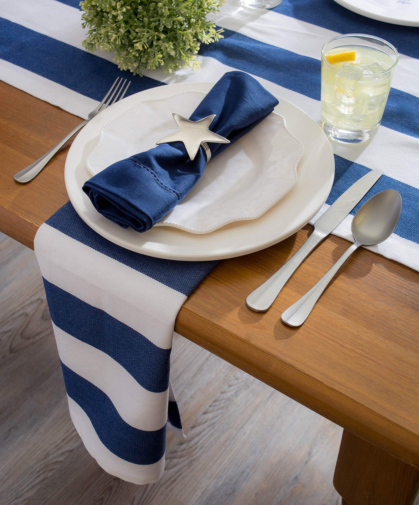 DII Cabana Stripe Outdoor Tabletop Collection, Water Resistant, 14 x 72 (Runner), Nautical Blue