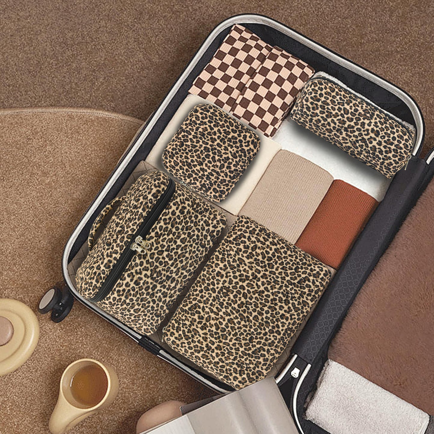 GISMTR 4Pcs Quilted Makeup Bag Set Cute Floral Cosmetic Bag Cotton Coquette Make up Bag Aesthetic Travel Toiletry Bag for Women Girls