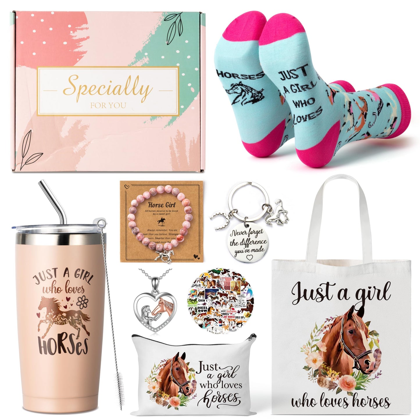 Y1tvei Horse Gift Set for Women Girls- 61pcs Just A Girl Who Loves Horses Tote Bag with Cosmetic Bag, Tumbler with Straw, Keychain Pink Bracelet Necklace Socks Sticker Set for Lover Friends Birthday