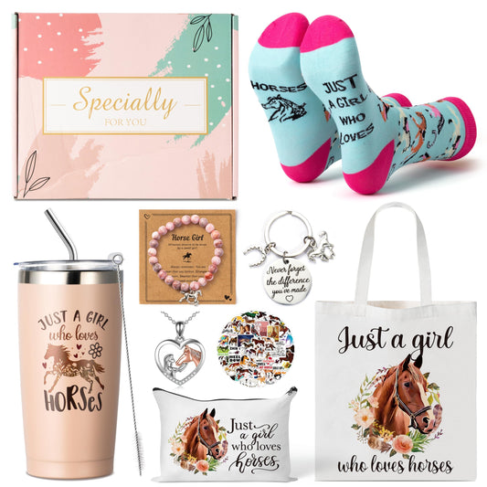 Y1tvei Horse Gift Set for Women Girls- 61pcs Just A Girl Who Loves Horses Tote Bag with Cosmetic Bag, Tumbler with Straw, Keychain Pink Bracelet Necklace Socks Sticker Set for Lover Friends Birthday