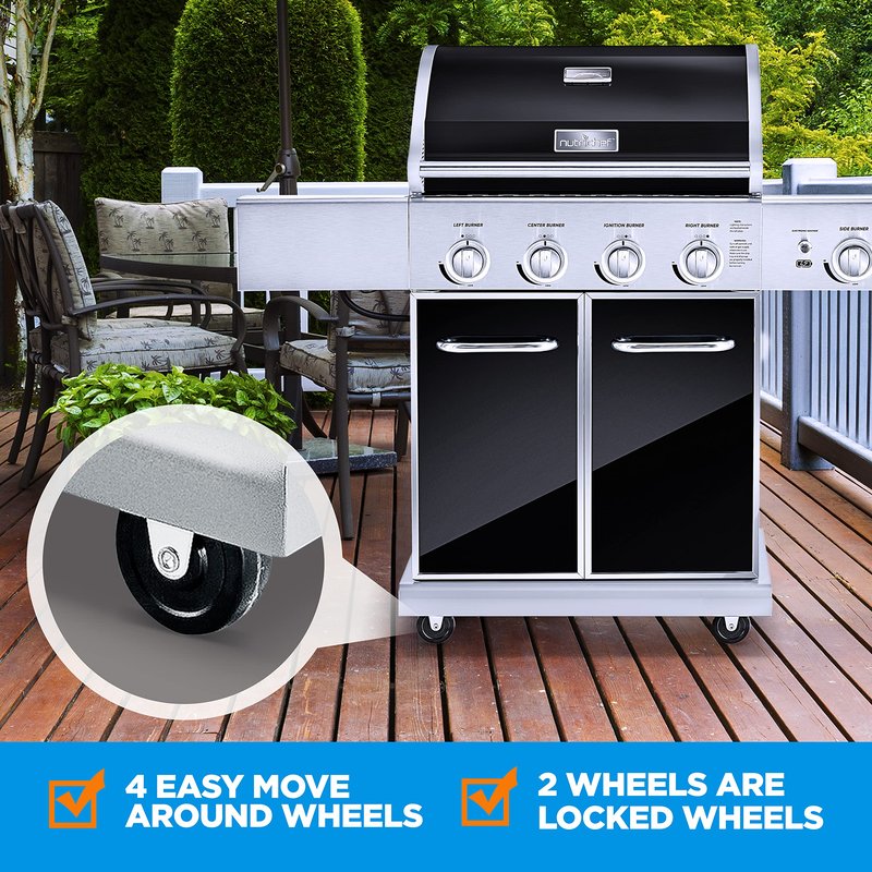 NutriChef 52,000 BTU 5-Burner Stainless Steel Propane Gas Grill with Portable Design, Electronic Ignition, Built-in Thermometer and Heavy-Duty Construction