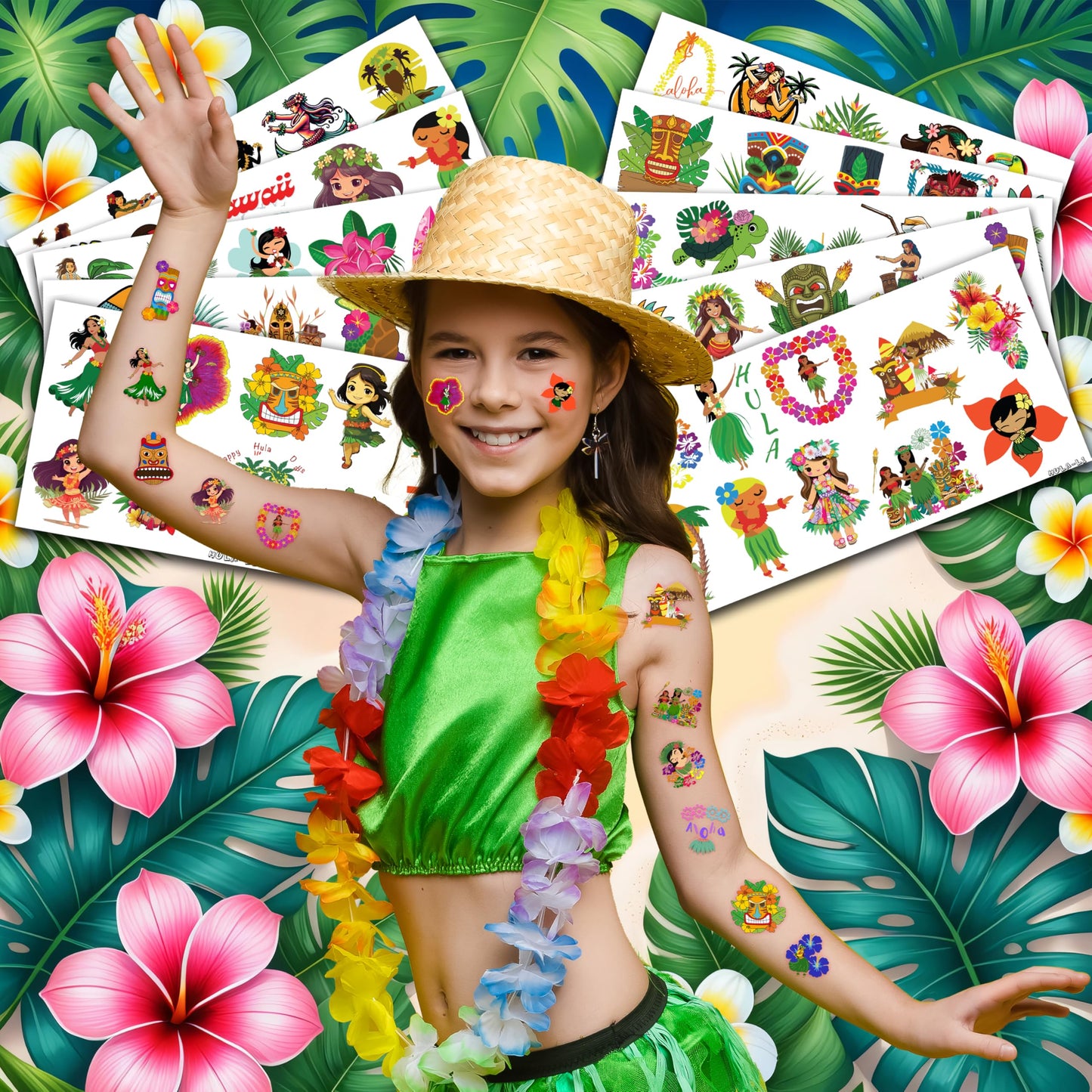 103 PCS Hula Hawaiian Temporary Tattoos Stickers Summer Beach