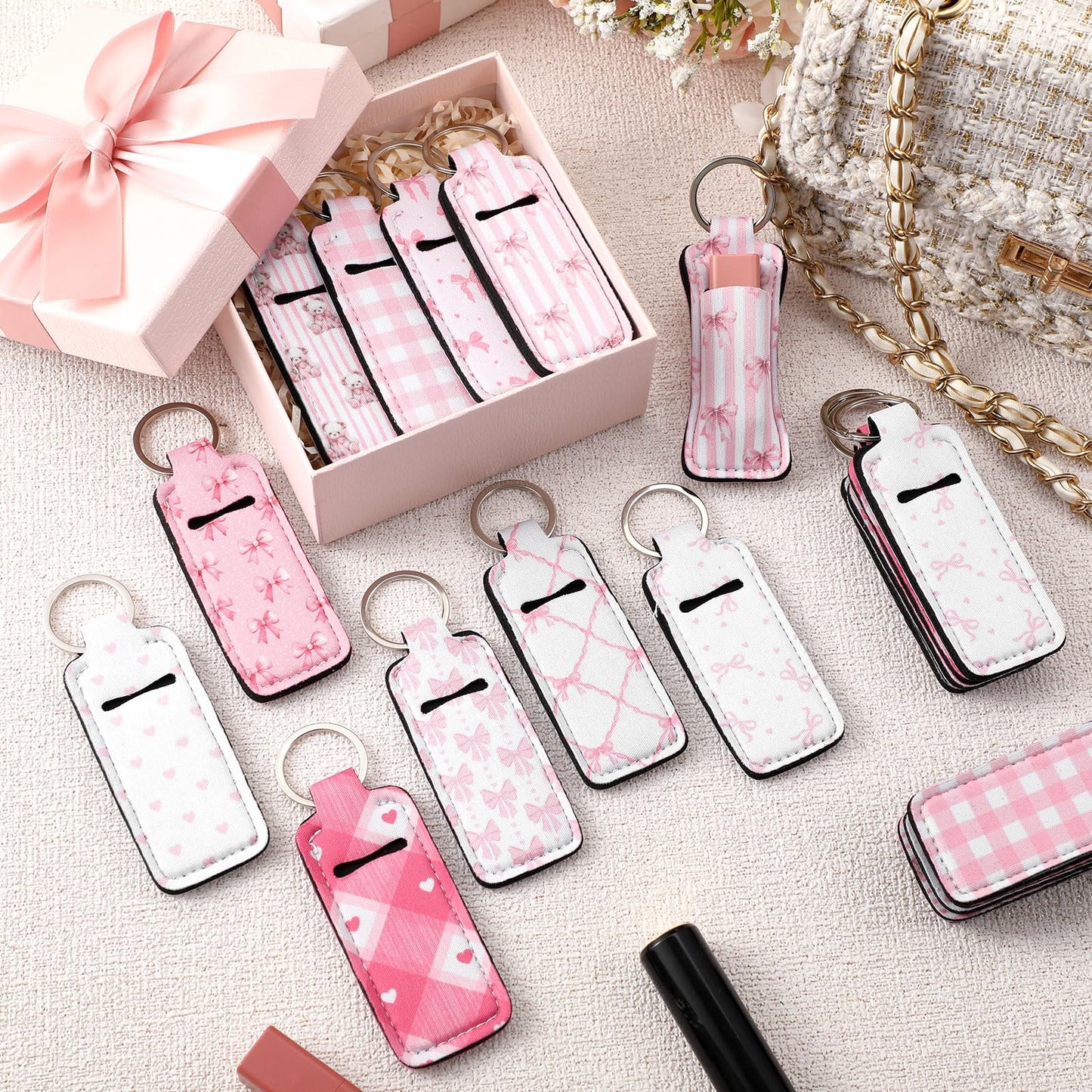 Quelay 40 Pcs Pink Lipstick Holder Keychain Bulk Preppy Bow Lip Gloss Sleeve Lip Balm Holder Gifts for Women(Bow Bear)