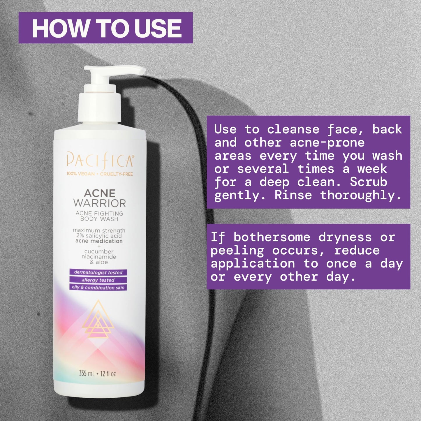 Pacifica Beauty Acne Warrior Acne Fighting Body Wash with Pump, Bath and Shower Gel, 2% Salicylic Acid, Cucumber, Niacinamide, Aloe, Acne Treatment, Blemishes, Vegan, 12 fl oz (1 Count)