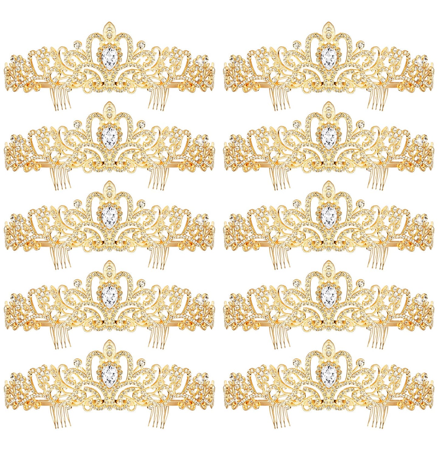 BBTO 10 Pcs Crystal Tiaras and Crowns for Women, Rhinestone Princess Crowns with Combs Birthday Queen Tiaras for Graduation Prom, Wedding, Bachelorette Party, Pageant Hair Accessories(Gold)