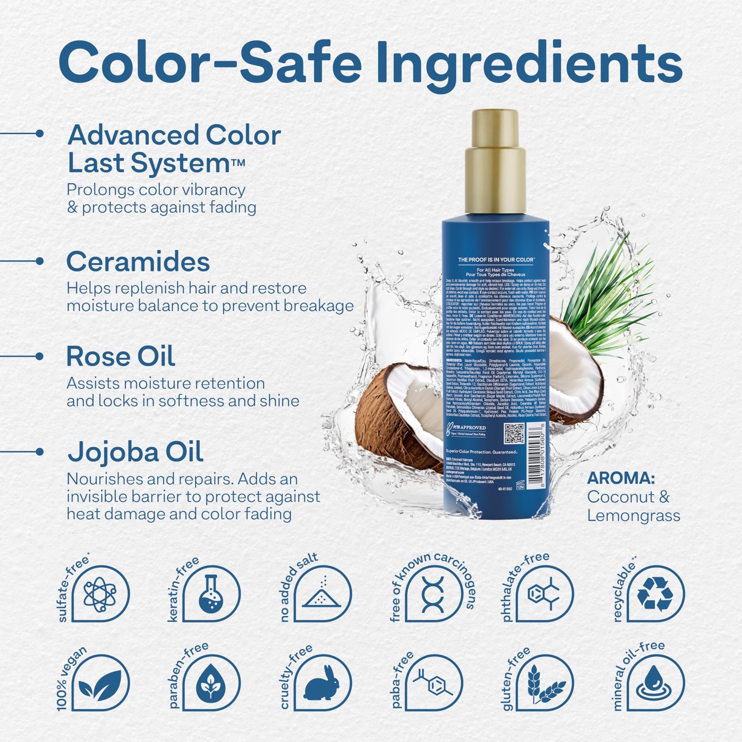 Colorproof Leave-In Treatment Spray 8.5 Fl. Oz. Heat Protection Spray for Hair, Smoothing and Detangling Spray with Color Protection, Coconut & Lemongrass Scent
