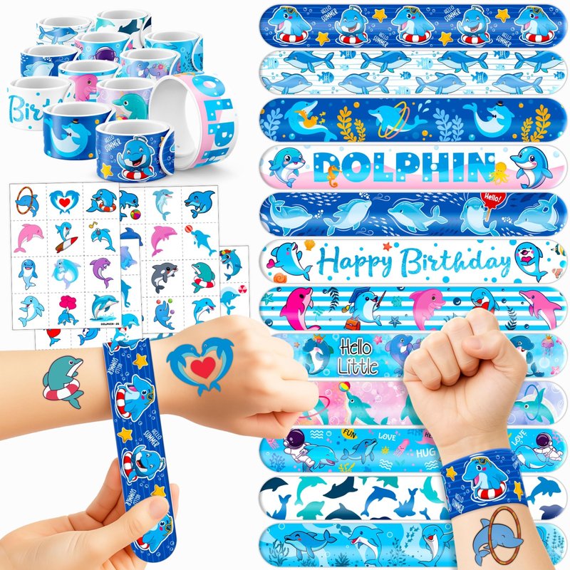 Cherisnowy 72 PCS Dolphin Party Favors - 48 Temporary Pre-Cut Tattoos & 24 Slap Bracelets - Party Favors for Boys & Girls, Birthday Goodie Bag Fillers, Baby Shower Gifts, Classroom Rewards