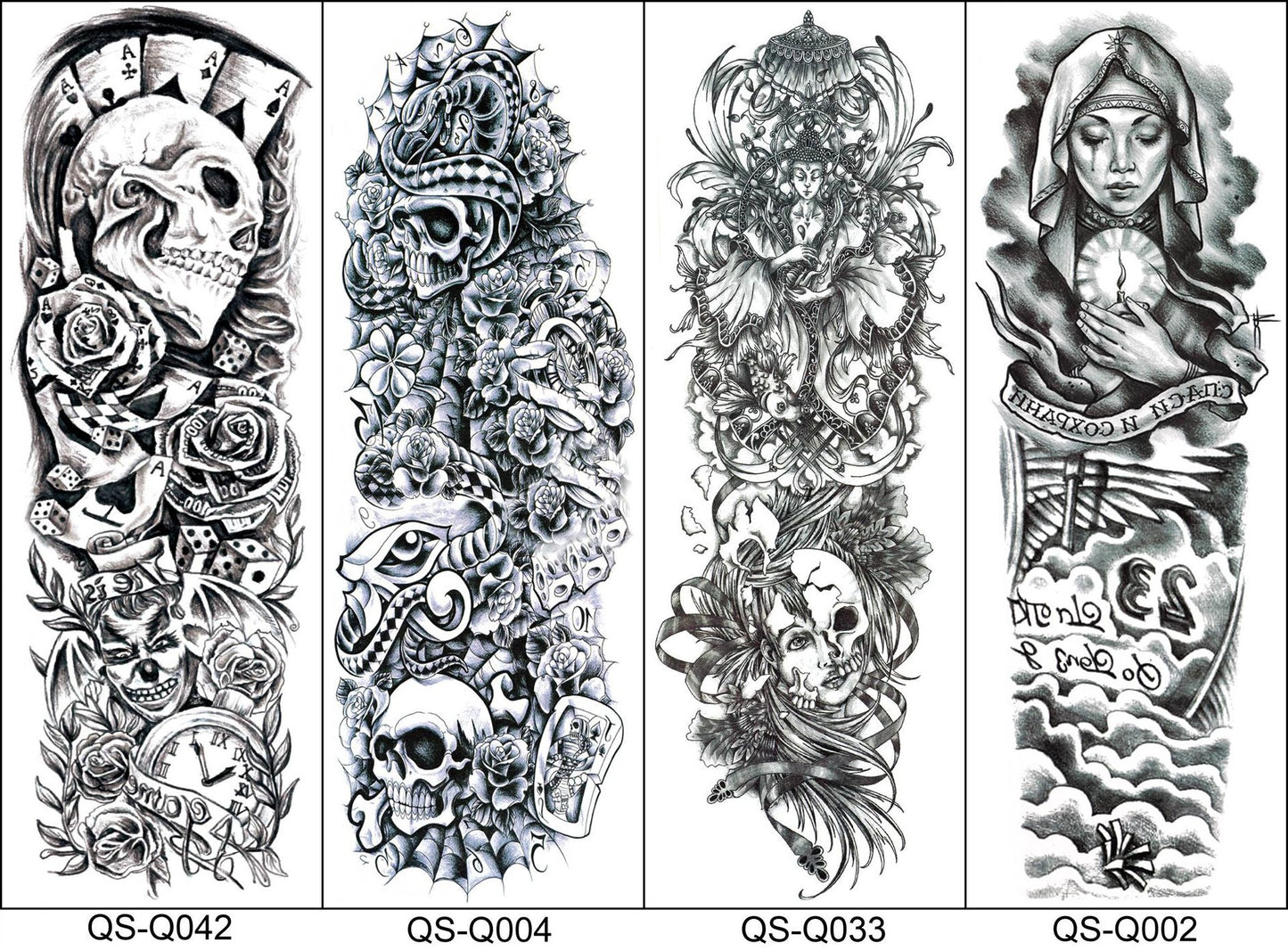 18.9x6.7 8 Sheets Extra Large Temporary Fake Tattoos Set for Men and Women, Full Arm Tattoo Sticker Skull Flower Paper Decal Fake Tattoos Sleeve DIY Black Body Art Sticker, Black 1