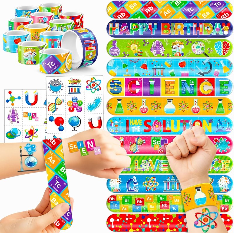 Science Party Favors - 48PCS STEM-Themed Tattoos & Slap Bracelets | Birthday, Baby Shower & Classroom Rewards for Kids