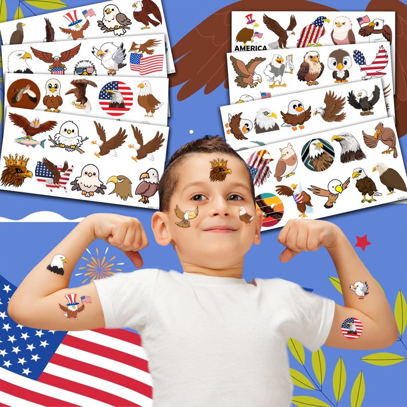 Eagle Temporary Tattoos 8 Sheets 80PCS Bald Eagles Party Decorations Supplies Favors American Flag Bird Theme Birthday Cute Stickers Christmas Gifts for Boys Girls Class School Prizes Carnival
