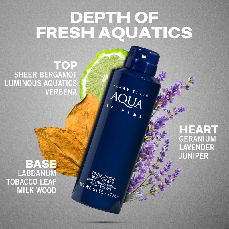 Perry Ellis Aqua Extreme Body Spray for Men - Fresh Wood & Spice Cologne Mist | 6 oz
