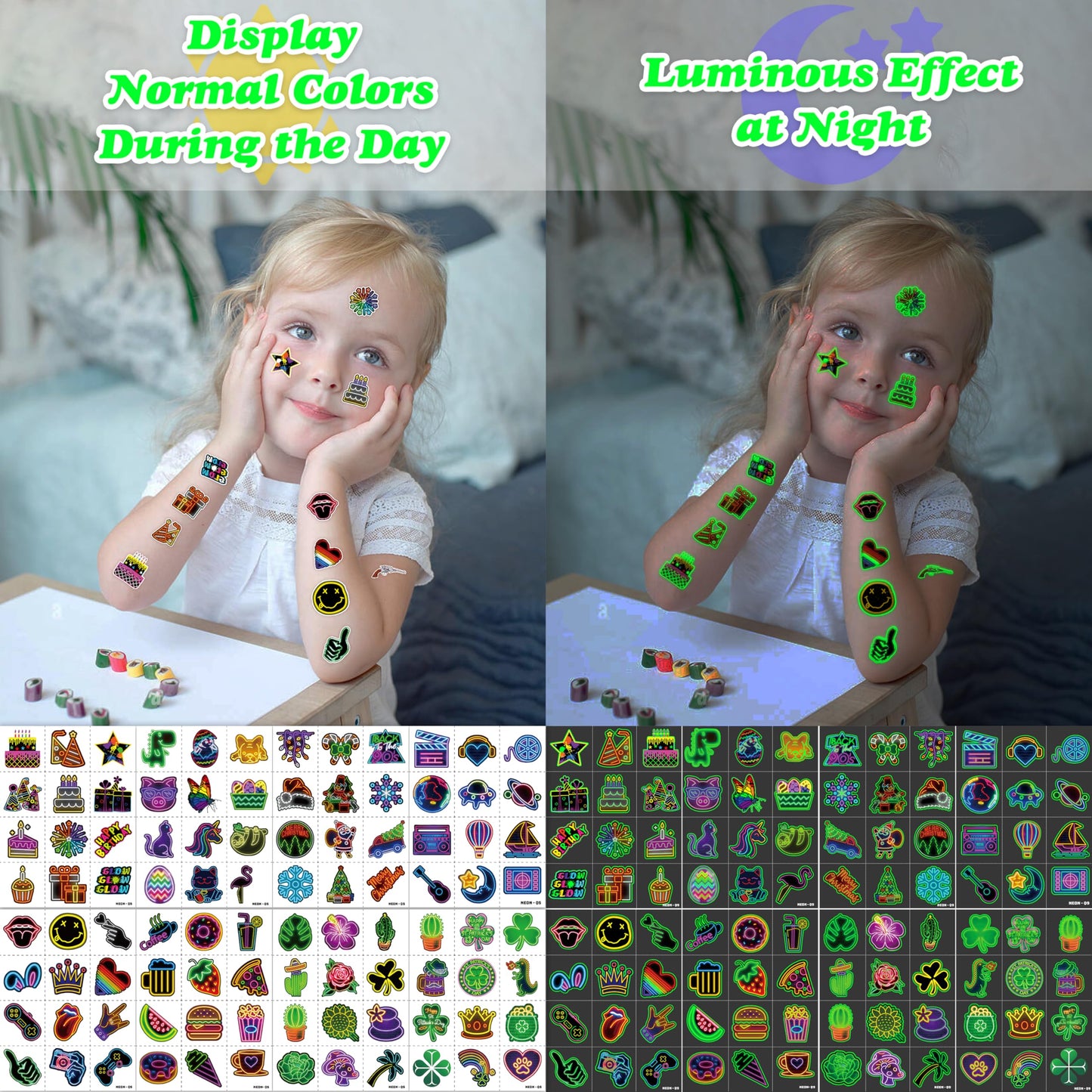 96 PCS Neon Luminous Glow in the Dark Temporary Tattoos - 8 Sheets