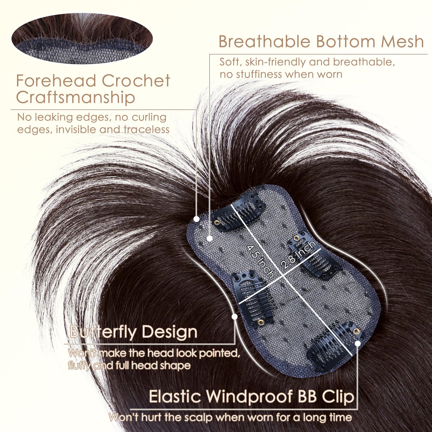 Inifale Hair Toppers for Women Clip in Bangs Real Human Hair,30g Dark Brown Topper for Women 150% Density Silk Base Clip in Pieces Straight Hair
