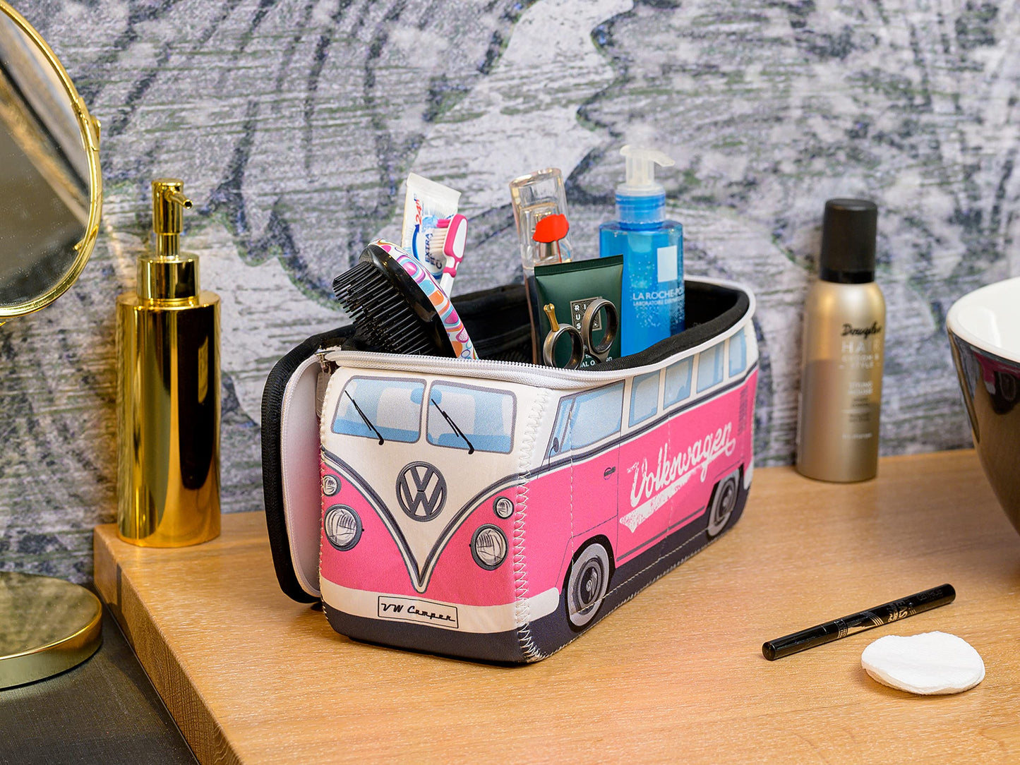 BRISA VW Collection - Volkswagen Neoprene Universal Makeup Cosmetics Toiletry Travel Pharmacy Bag in T1 Bus Design (Pink/Large) (Large (11.8 x 5.5 x 4.7 inches))
