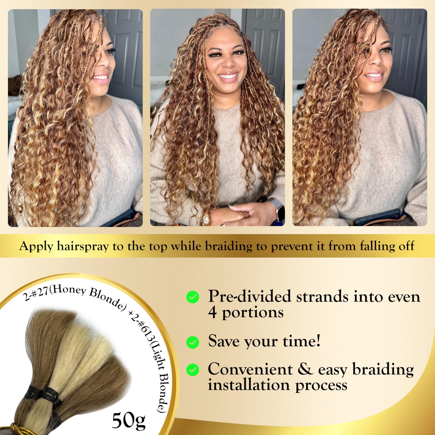 Syrenlore F27/613 Human Hair Deep Wave Bulk for Boho Braids 20 Inch 50G, 12A Multi Blonde Highlight Braiding 100% Real Virgin Hair No Weft Honey Blonde Ombre #27/613 Culry Braids Miracle Knots