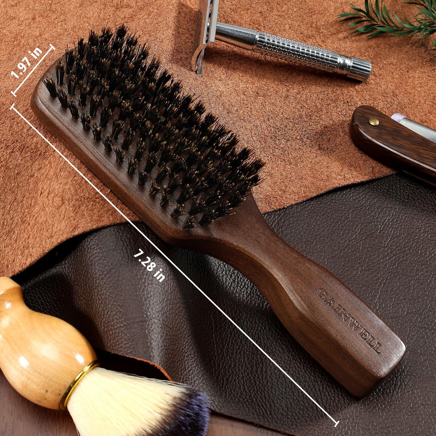 GAINWELL Wild Boar Bristle Hair Brush for Men, Slick Back Hair Brush with Stiff Boar Bristles for Thick Hair, Natural Black Walnut Wooden Handle Hairbrush, Beard Mustache Brush - Large