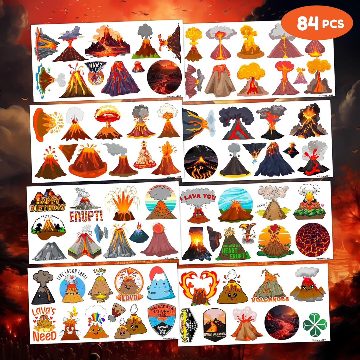 Volcano Temporary Tattoos - 84PCS Fire-Themed Stickers for Birthday Party Favors | Kids & Adults Decor