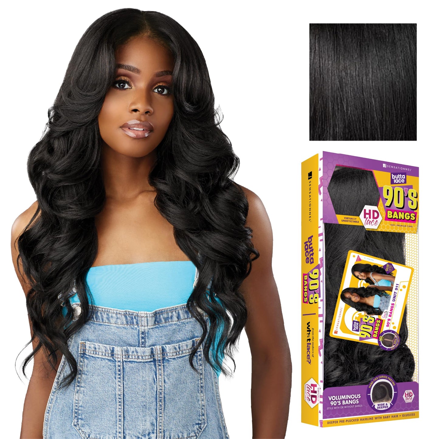 Sensationnel Butta Lace 90Sbangs Wigs - Unit 911 Glueless Wide Deep Part Synthetic Preplucked Hairline (1 JETBLACK)