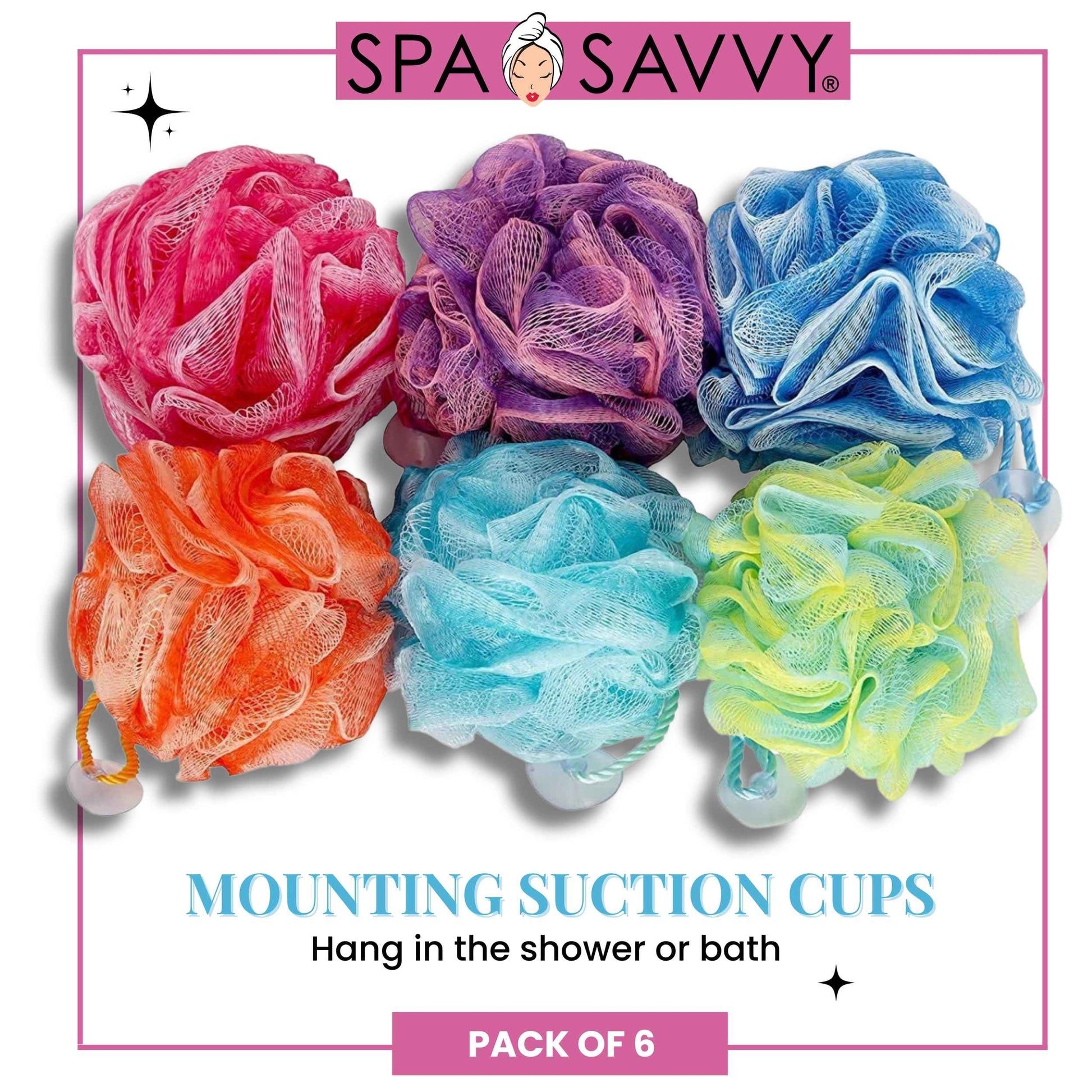 Spa Savvy Bath Loofah Set, 6 Pack Shower Pouf Body Sponges with Suction Cups, Exfoliating Bath Accessories for Men and Women, Multicolor