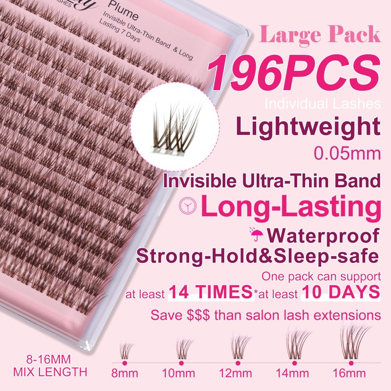 Plume Brown Lashes Natural Lash ClustersWith Invisible Band DlY Lash Extension Kit Eyelash Kit with Bond and Seal 8-16mm C Curl Beginner Individual Lashes Long lasting Makeup For Girl