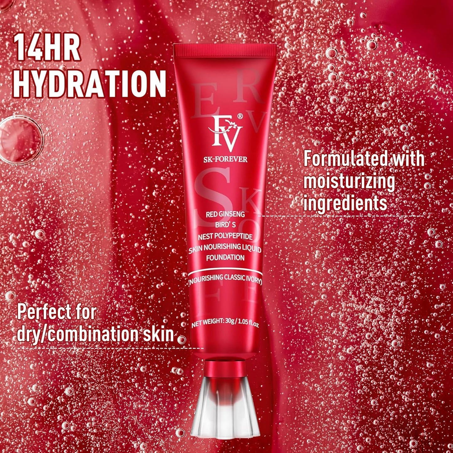 Dewy Liquid Foundation - Hydrating, Lightweight Formula for Medium-Full Coverage | Waterproof for Dry/Combination Skin, 30g, Nourishing Ivory