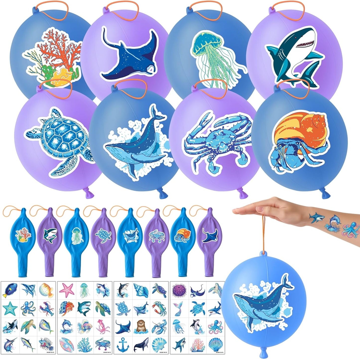 Ocean Party Favors for Kids - 72 PCS with 48 Pre-Cut Temporary Tattoos & 24 Punch Balloons | Birthday Decorations & Goodie Bag Fillers